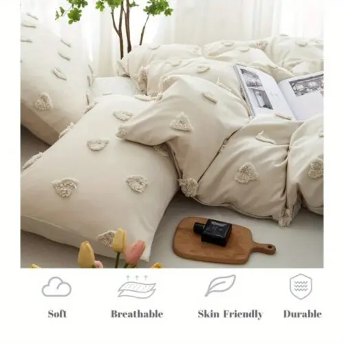 Heart Tufted Duvet Cover Set – Shabby Chic Embroidered Lightweight Microfiber Bedding for All Seasons