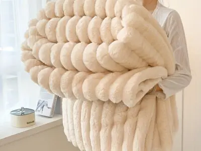 Luxurious Faux Rabbit Fur Throw Blanket - Soft, Warm & Cozy for Couch, Bed, Office, and Travel, Versatile All-Season Gift, Striped Knit Design, 100% Polyester, Contemporary Style, Perfect Christmas Present