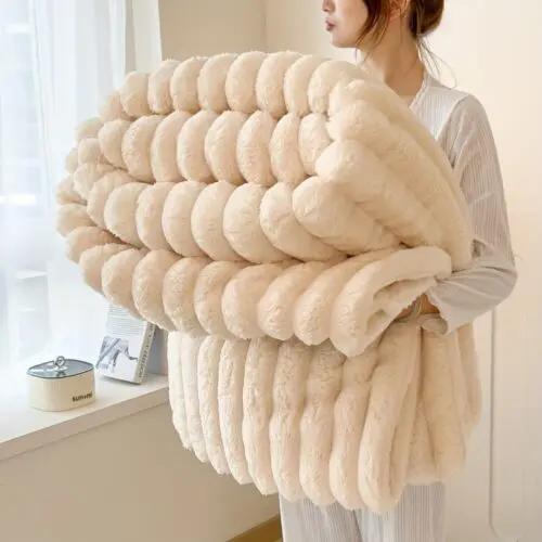 Luxurious Faux Rabbit Fur Throw Blanket - Soft, Warm & Cozy for Couch, Bed, Office, and Travel, Versatile All-Season Gift, Striped Knit Design, 100% Polyester, Contemporary Style, Perfect Christmas Present
