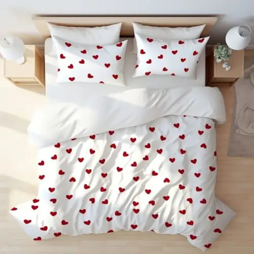 3pcs All-Season Duvet Cover Set – White with Red Heart Print, Soft Polyester Bedding