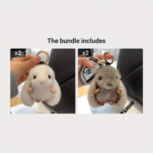 FKZNPJ Adorable Plush Bunny Keychain – Soft Rabbit Charm with Golden Ring for Bags & Keys