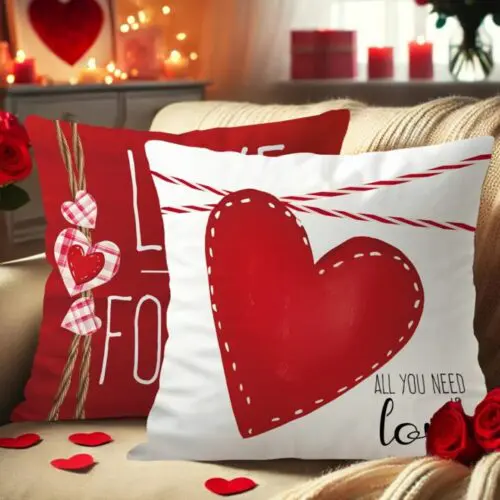 4pcs Valentine’s Day Velvet Throw Pillow Covers – Red & White Plaid Heart Design, Zipper Closure