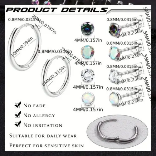 Hypoallergenic Stainless Steel Earrings Set - Studs, Hoops & Opal CZ Flatback Designs, Cartilage Piercing Jewelry