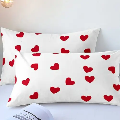 3pcs All-Season Duvet Cover Set – White with Red Heart Print, Soft Polyester Bedding