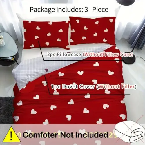 3pcs Cozy Love Story Bedding Set – Maroon Heart Pattern Duvet Cover & Pillowcases, All-Season Comfort