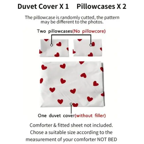 3pcs All-Season Duvet Cover Set – White with Red Heart Print, Soft Polyester Bedding