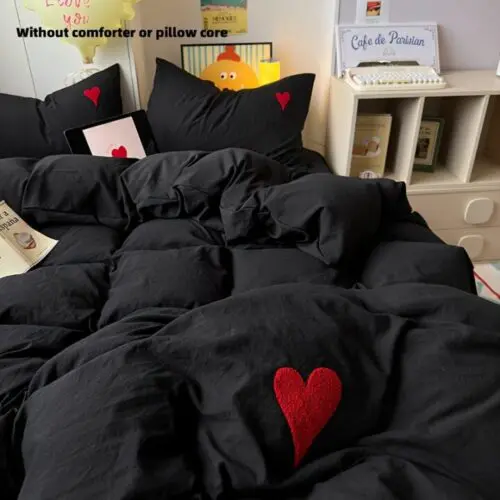 4pcs Modern Solid Color Heart Embroidered Bedding Set – Soft All-Season Polyester, Duvet Cover & Pillowcases
