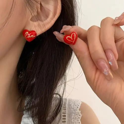 Red Heart Stud Earrings - Elegant & Cute Zinc Alloy Design with Stainless Steel Posts, Perfect Valentine’s Day Gift