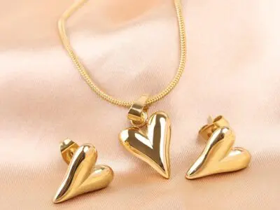 Stainless Steel Three Dimensional Heart Shaped Earring Necklace Set – 18K Gold Plated Jewelry for Women