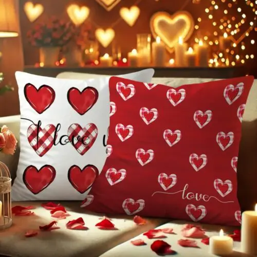4pcs Valentine’s Day Velvet Throw Pillow Covers – Red & White Plaid Heart Design, Zipper Closure