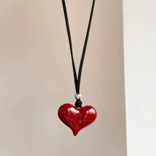 Ankela Red Heart Shaped Necklace – Long Sweater Chain Pendant, Luxury Women’s Accessory for Daily Wear & Gifts