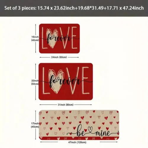 Valentine's Day Decoration Kitchen Set Carpet - 2/3pcs Non-Slip Washable Rugs, Love Font Pattern, Stain-Resistant Fleece for Home