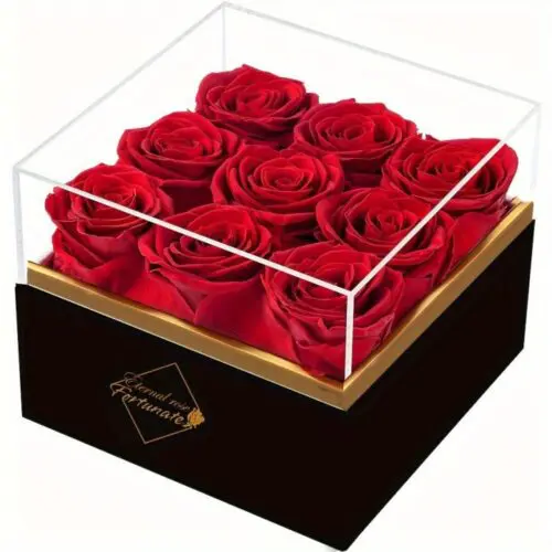 9pcs Eternal Rose Gift Set – Forever Roses in Acrylic Display Box for Valentine’s, Mother’s Day & Birthdays|Preserved & Immortalized for A Year -Includes "FOREVER LOVE" White Box with Clear Viewing Lid, Bouquet Accessories