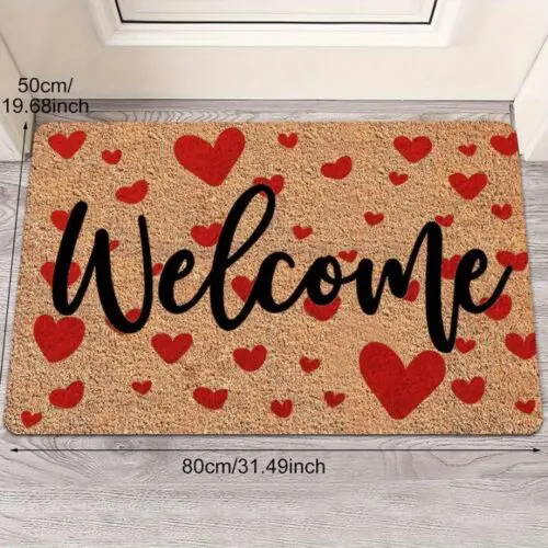 Valentine's Day Welcome Doormat - Red Heart Design, Non-Slip, Stain-Resistant Polyester for Indoor & Outdoor Decor