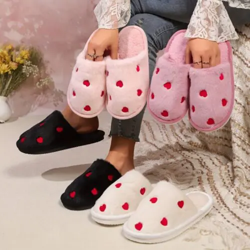 Cozy Heart Pattern Plush Winter Slippers for Women – Warm Indoor/Outdoor Shoes with Non-Slip EVA Sole