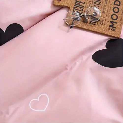Blush Pink Love Heart Duvet Cover Queen – Reversible 3pc Microfiber Bedding Set with Blue & White Stripes