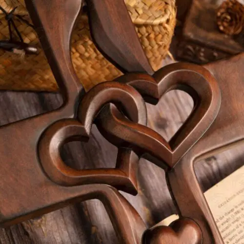 Elegant Wood Cross with Intertwined Hearts - 10 Inch Wall Hanging Decor, Love-Themed Indoor Art for Living Room, Valentine’s Day, and Weddings