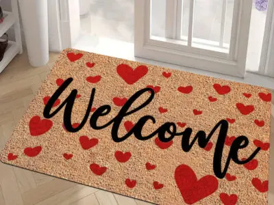 Valentine's Day Welcome Doormat - Red Heart Design, Non-Slip, Stain-Resistant Polyester for Indoor & Outdoor Decor