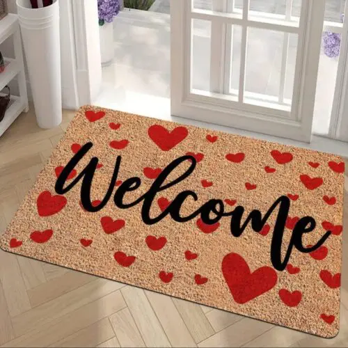 Valentine's Day Welcome Doormat - Red Heart Design, Non-Slip, Stain-Resistant Polyester for Indoor & Outdoor Decor