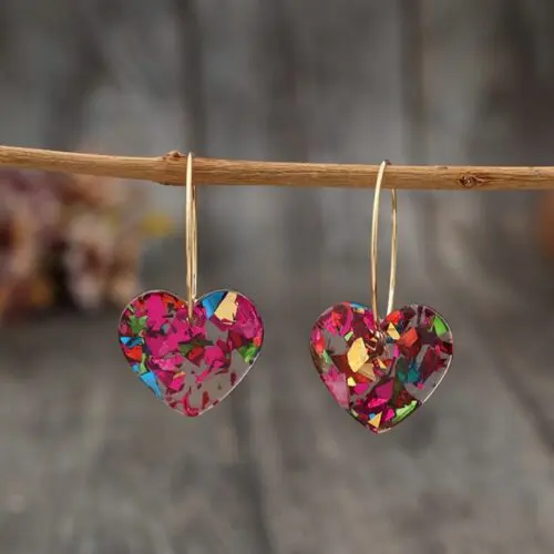 Vintage Style Resin Heart Drop & Dangle Earrings - Iron Needle, Mosaic Design, Perfect Valentine’s Day Gift