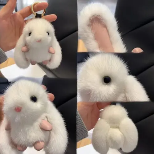FKZNPJ Adorable Plush Bunny Keychain – Soft Rabbit Charm with Golden Ring for Bags & Keys