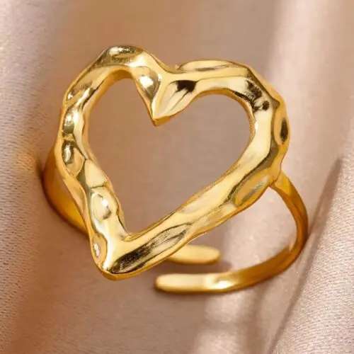 1pc Fashion Simple Love Heart Shaped Stainless Steel Ring – 18K Gold Plated Adjustable Opening for Men & Women