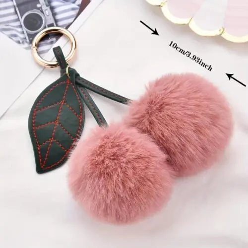 Cherry Keychain – Fluffy Faux Fur Car Hanging Accessory, Cute Backpack Charm, All-Season Decoration