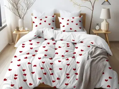 3pcs All-Season Duvet Cover Set – White with Red Heart Print, Soft Polyester Bedding