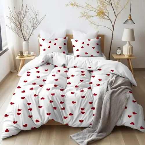 3pcs All-Season Duvet Cover Set – White with Red Heart Print, Soft Polyester Bedding