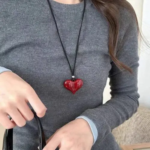 Ankela Red Heart Shaped Necklace – Long Sweater Chain Pendant, Luxury Women’s Accessory for Daily Wear & Gifts