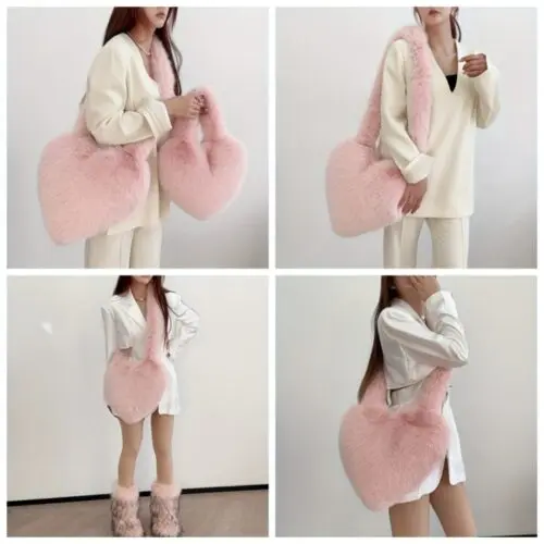 Women Fashion Pink Heart Shaped Furry Handbag – Fluffy Faux Fur Y2K Shoulder Bag, Spacious and Stylish