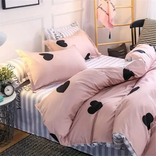 Blush Pink Love Heart Duvet Cover Queen – Reversible 3pc Microfiber Bedding Set with Blue & White Stripes