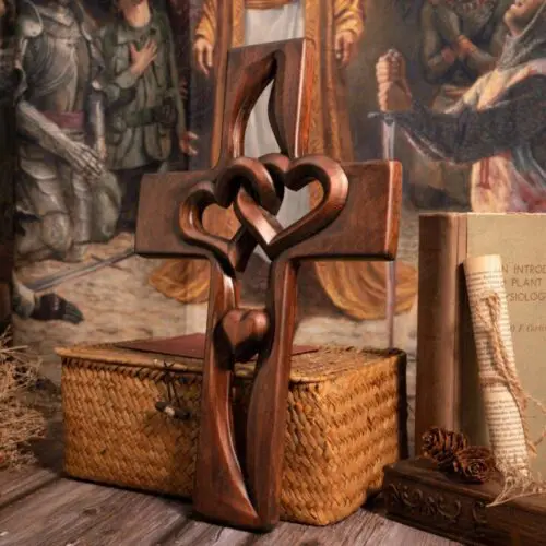Elegant Wood Cross with Intertwined Hearts - 10 Inch Wall Hanging Decor, Love-Themed Indoor Art for Living Room, Valentine’s Day, and Weddings
