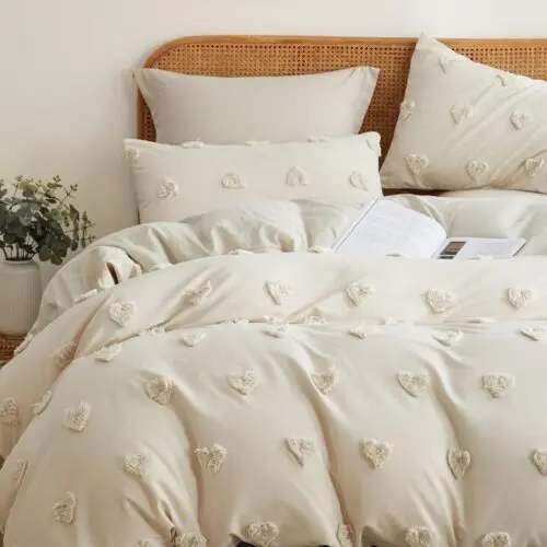 Heart Tufted Duvet Cover Set – Shabby Chic Embroidered Lightweight Microfiber Bedding for All Seasons
