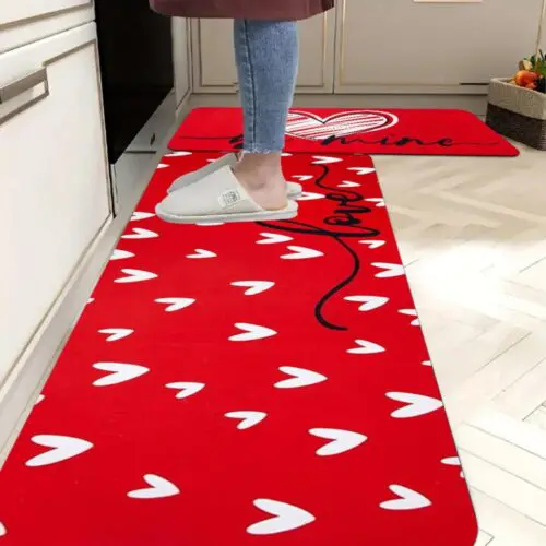 Valentine's Heart Pattern Rug Set - 2/3pcs Non-Slip, Washable, Anti-Fatigue Flannel Mats, Lightweight Stain-Resistant Polyester