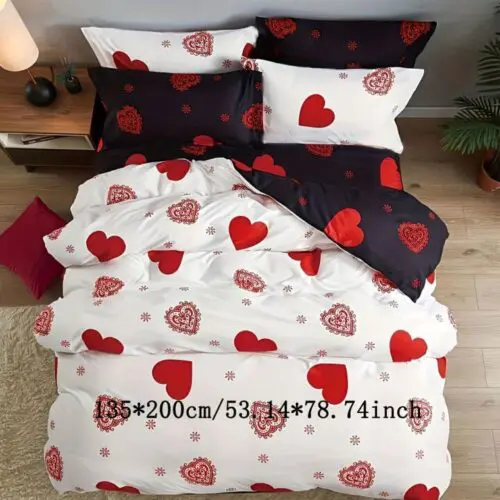 3pcs Duvet Cover Set – Red Love Print, Soft Breathable Polyester for Bedroom & Guest Room
