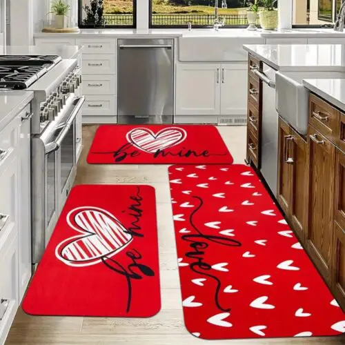 Valentine's Heart Pattern Rug Set - 2/3pcs Non-Slip, Washable, Anti-Fatigue Flannel Mats, Lightweight Stain-Resistant Polyester