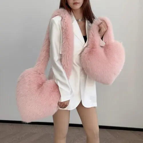 Women Fashion Pink Heart Shaped Furry Handbag – Fluffy Faux Fur Y2K Shoulder Bag, Spacious and Stylish