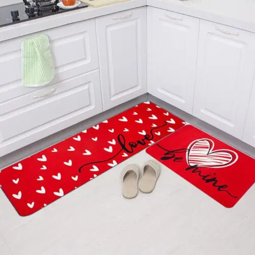 Valentine's Heart Pattern Rug Set - 2/3pcs Non-Slip, Washable, Anti-Fatigue Flannel Mats, Lightweight Stain-Resistant Polyester