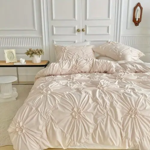Rustic French Style Textured Flower Pinch Pleated Duvet Cover Set – Luxury All-Season Microfiber Bedding
