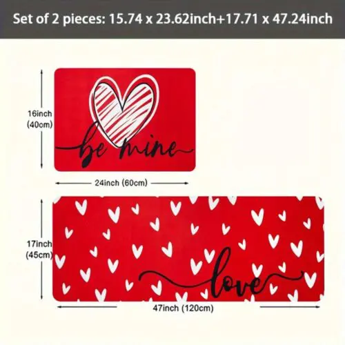 Valentine's Heart Pattern Rug Set - 2/3pcs Non-Slip, Washable, Anti-Fatigue Flannel Mats, Lightweight Stain-Resistant Polyester