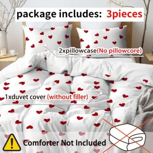 3pcs All-Season Duvet Cover Set – White with Red Heart Print, Soft Polyester Bedding