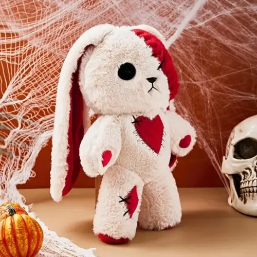 11.8" White & Red Long-Eared Bunny Plush Toy – Soft Cotton Blend, Adorable Heart Patch, Valentine’s & Easter Gift