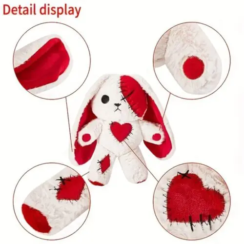 11.8" White & Red Long-Eared Bunny Plush Toy – Soft Cotton Blend, Adorable Heart Patch, Valentine’s & Easter Gift