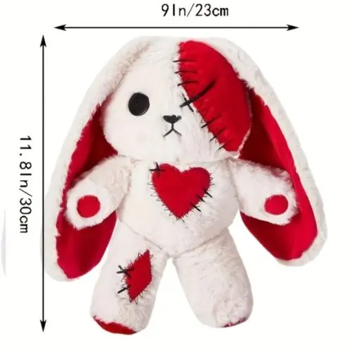 11.8" White & Red Long-Eared Bunny Plush Toy – Soft Cotton Blend, Adorable Heart Patch, Valentine’s & Easter Gift