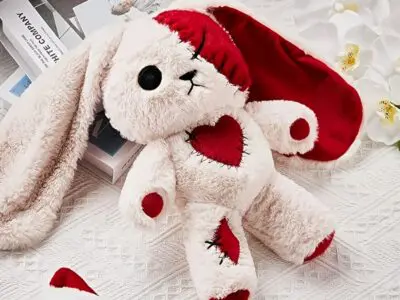 11.8" White & Red Long-Eared Bunny Plush Toy – Soft Cotton Blend, Adorable Heart Patch, Valentine’s & Easter Gift
