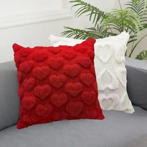 Set of 2 Valentine’s Day Red Heart Pillow Covers – 18x18" Soft Faux Fur Plush Throw for Sofa & Bedroom Decor| Red Heart Soft Plush Faux Fur Jacquard Throw Pillows For Bedroom Sofa