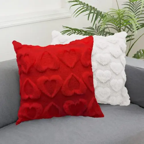 Set of 2 Valentine’s Day Red Heart Pillow Covers – 18x18" Soft Faux Fur Plush Throw for Sofa & Bedroom Decor| Red Heart Soft Plush Faux Fur Jacquard Throw Pillows For Bedroom Sofa - Image 2