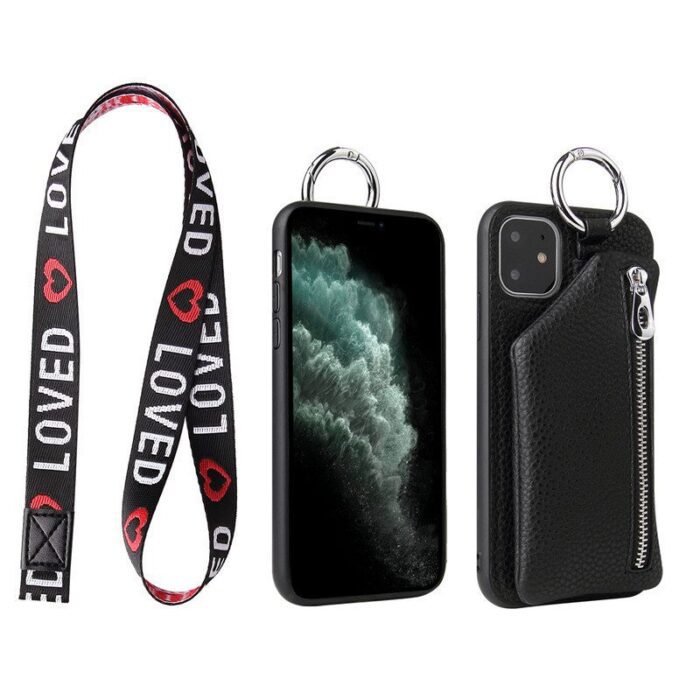 Practical PU Leather Phone Protective Case with Neck Lanyard and Wallet