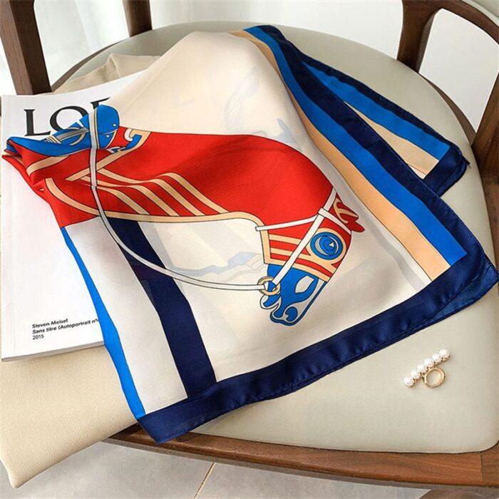 Luxury Brand 70x70cm Multifunction Silk Scarf: Featuring Elegant Horse Prints, this Casual Satin Small Square Wrap is a Versatile Scarf, Shawl, and Bandana